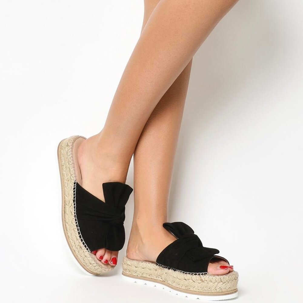 Anthropologie Black Bow Espadrille Platform Slides